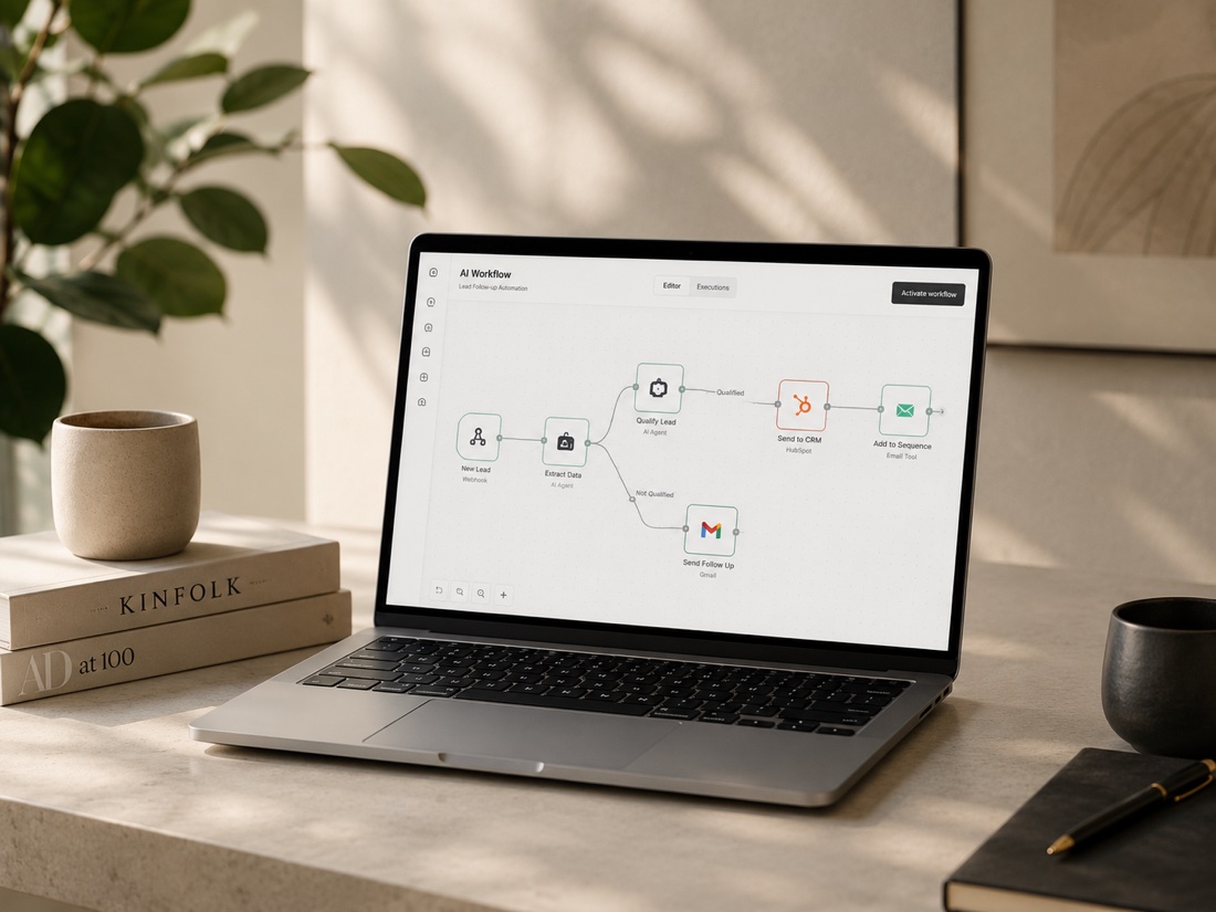 AI workflow automation dashboard on a laptop